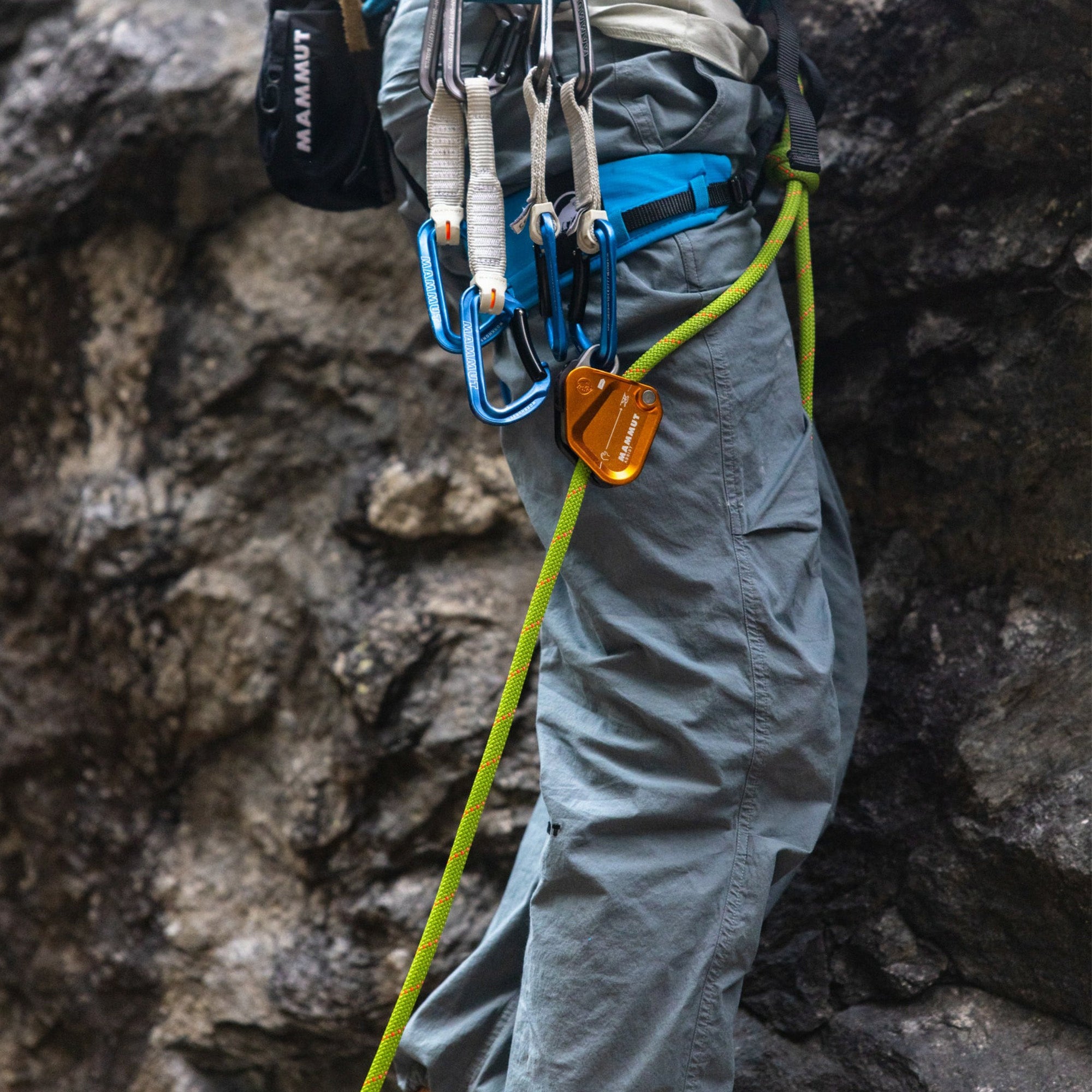 Person wearing climbing gear with ropes and carabiners against a rocky background with Mammut Assist on Harness.
