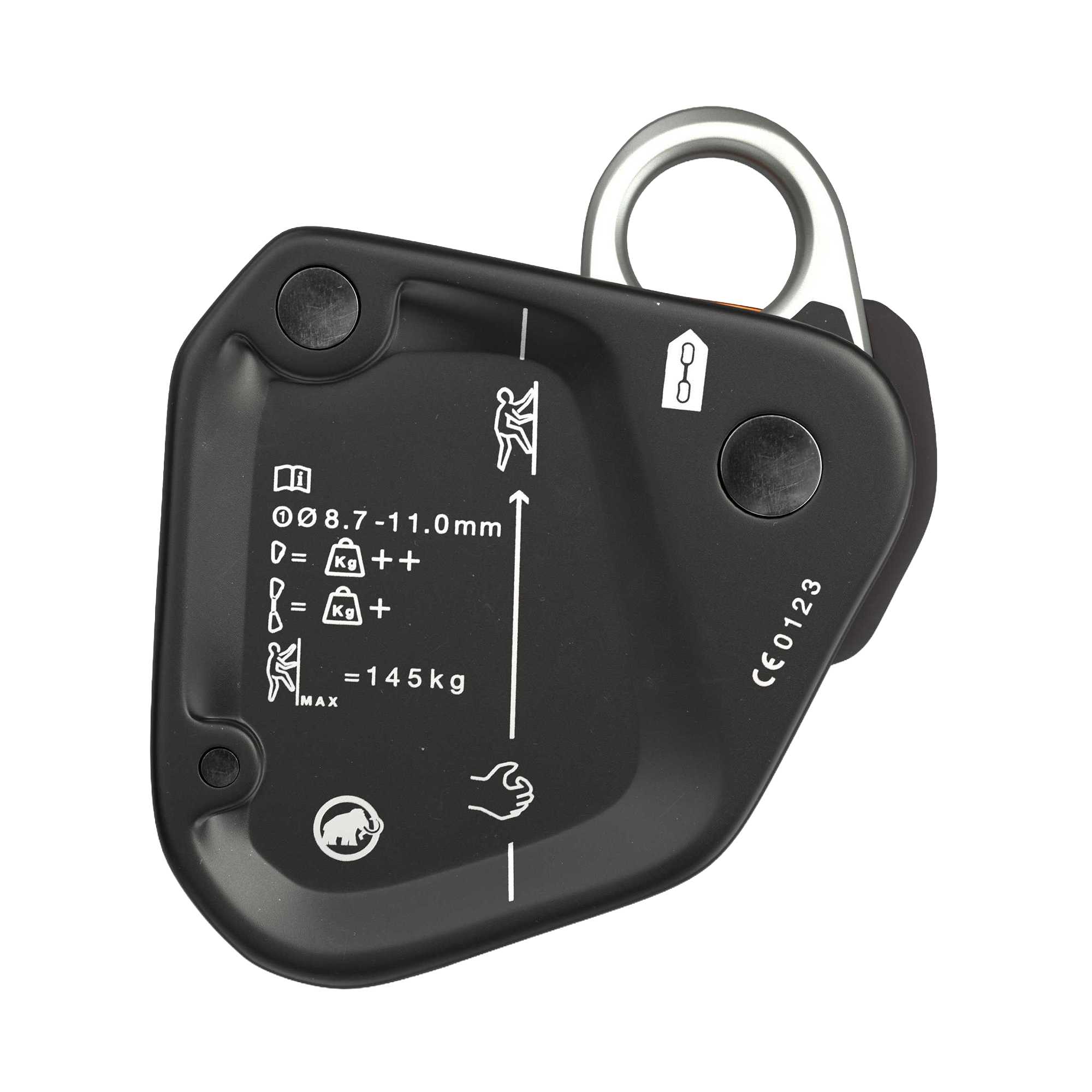 Black carabiner with measurement markings on a white background