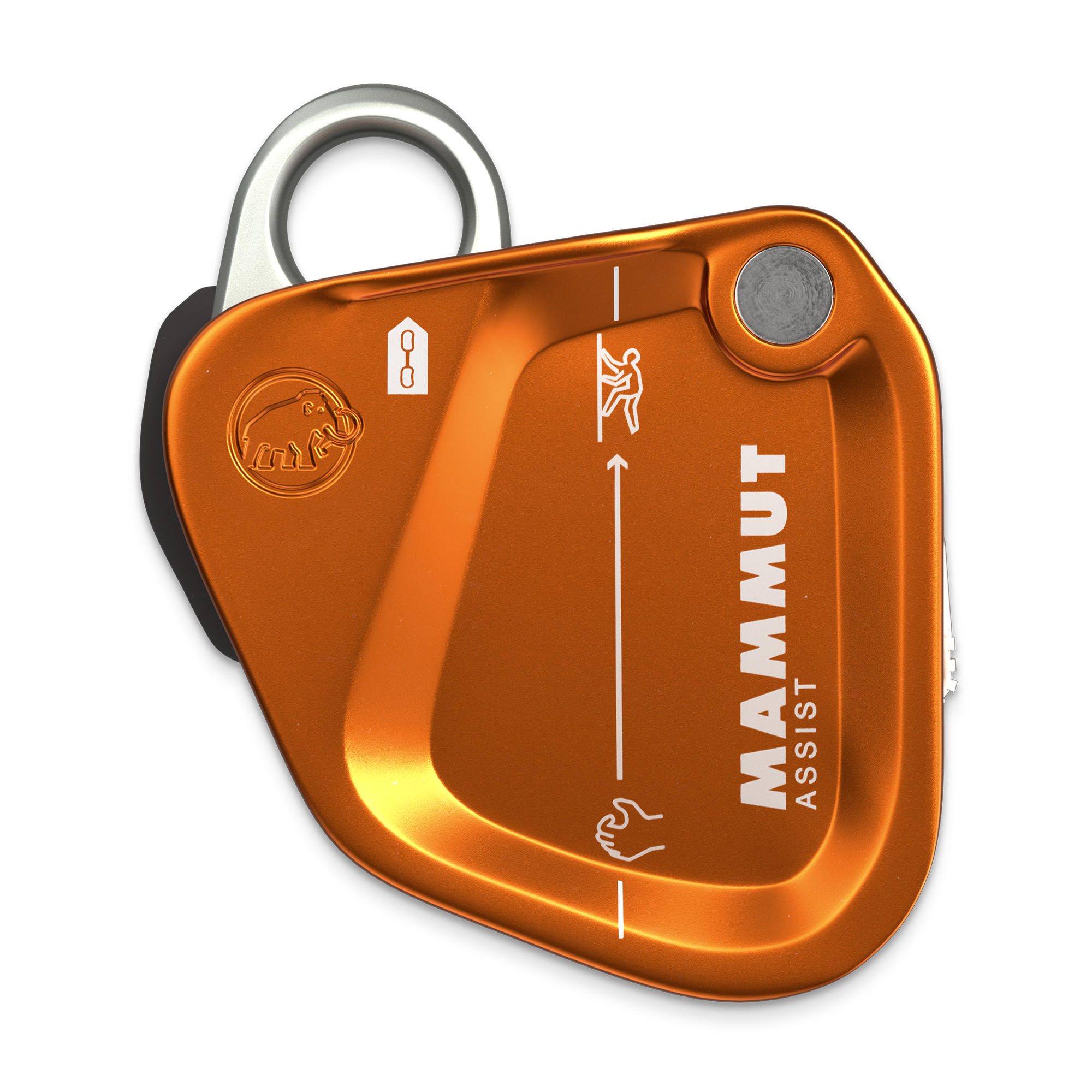 Orange Mammut climbing device on a white background