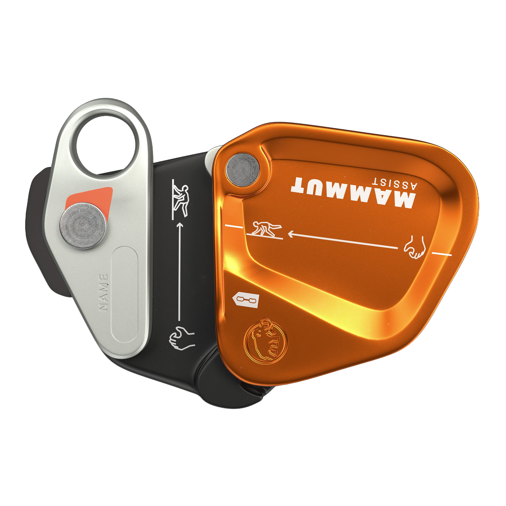 Orange and silver climbing device with 'Mammut' branding on a white background
