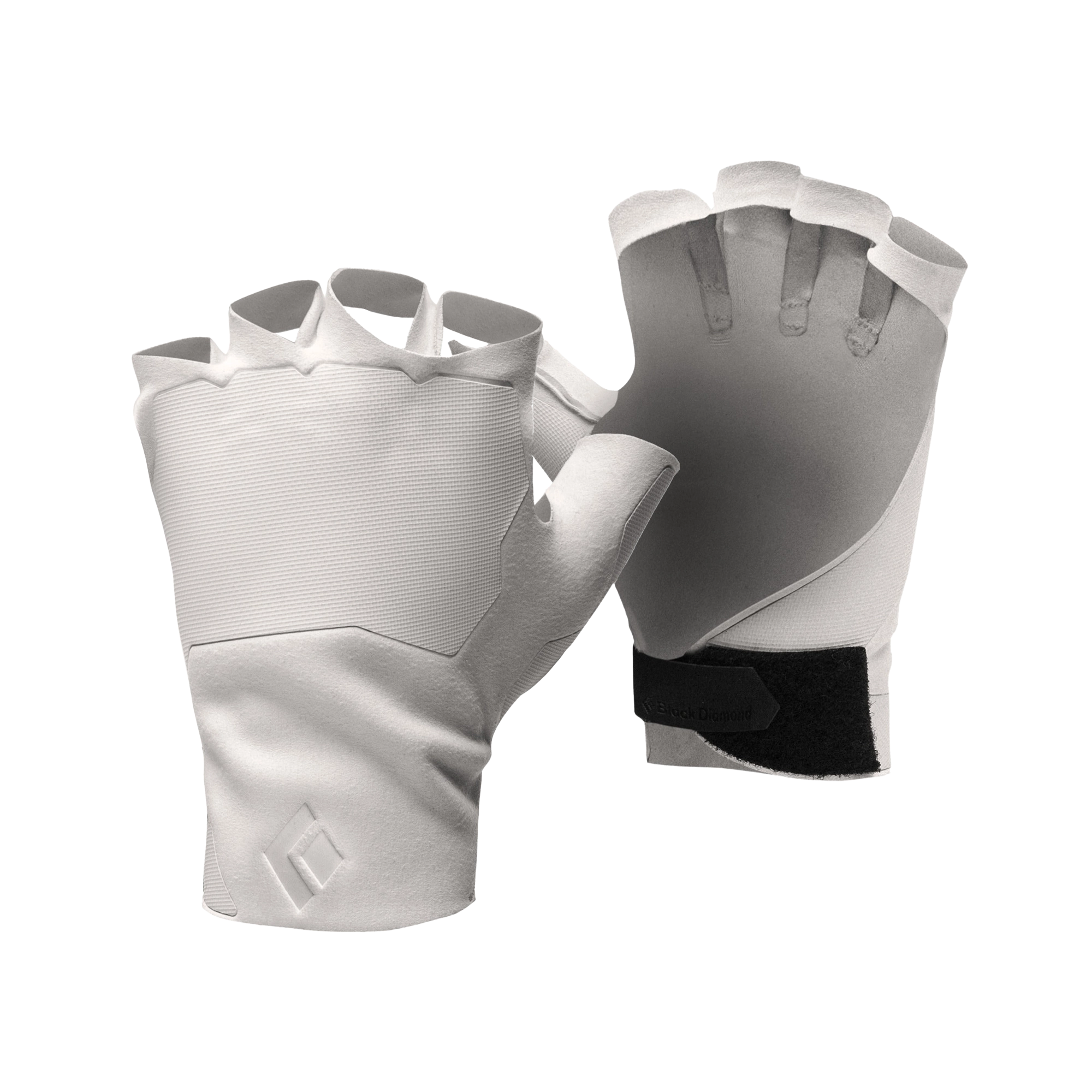 White climbing gloves with a black logo on a white background