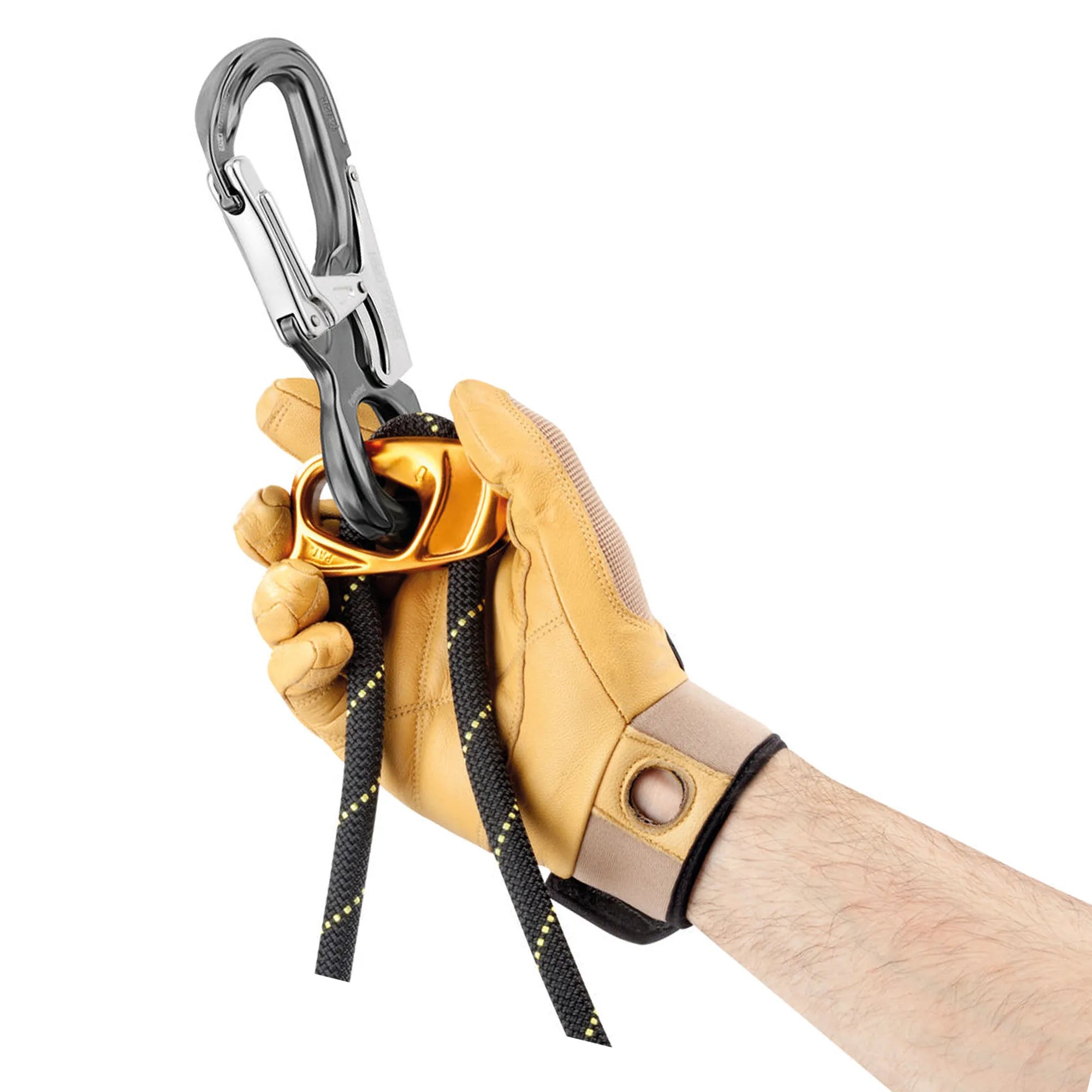Hand wearing a yellow glove holding a carabiner with a rope on a white background