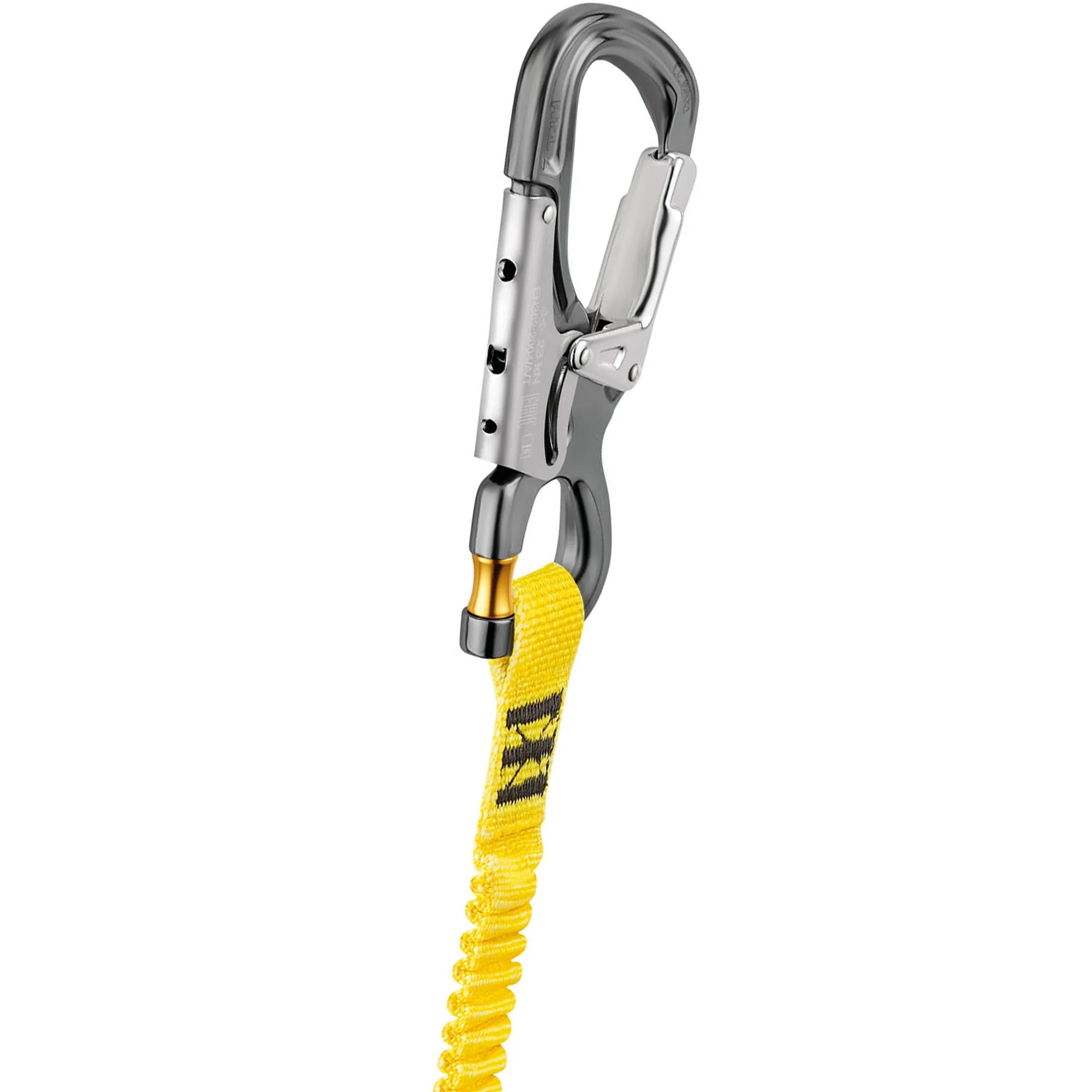 Silver carabiner with yellow rope on a white background