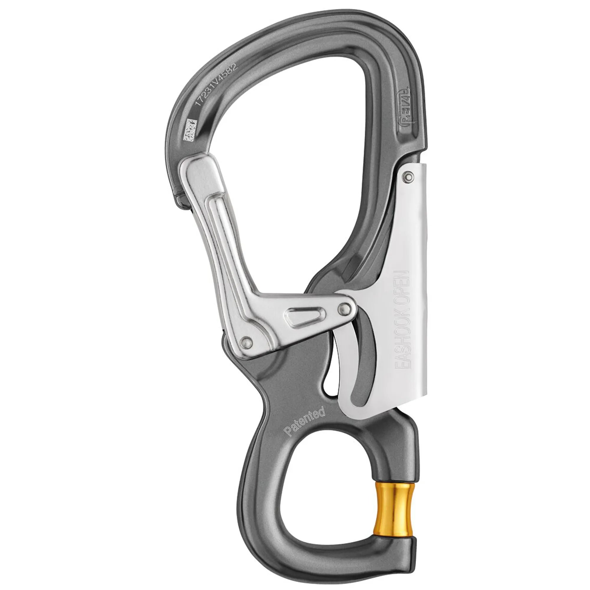 Gray and silver carabiner with gold accent on a white background | #color_Grey