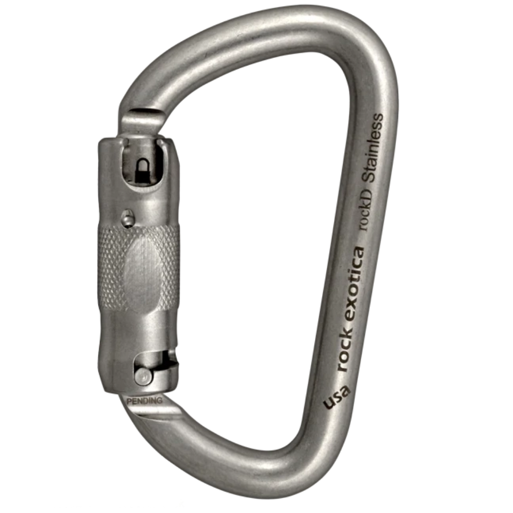 Metal carabiner with a lock on a white background